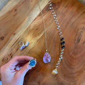 Geode Jewelry - Purple and Gold Necklace, Ring, and Bracelet